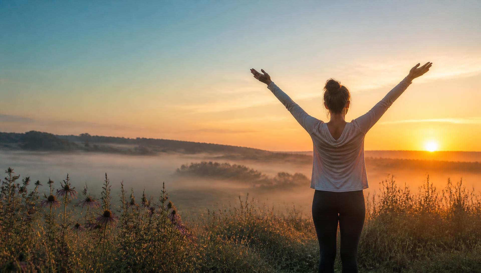 A woman with arms open wide greeting a golden sunrise over a misty meadow