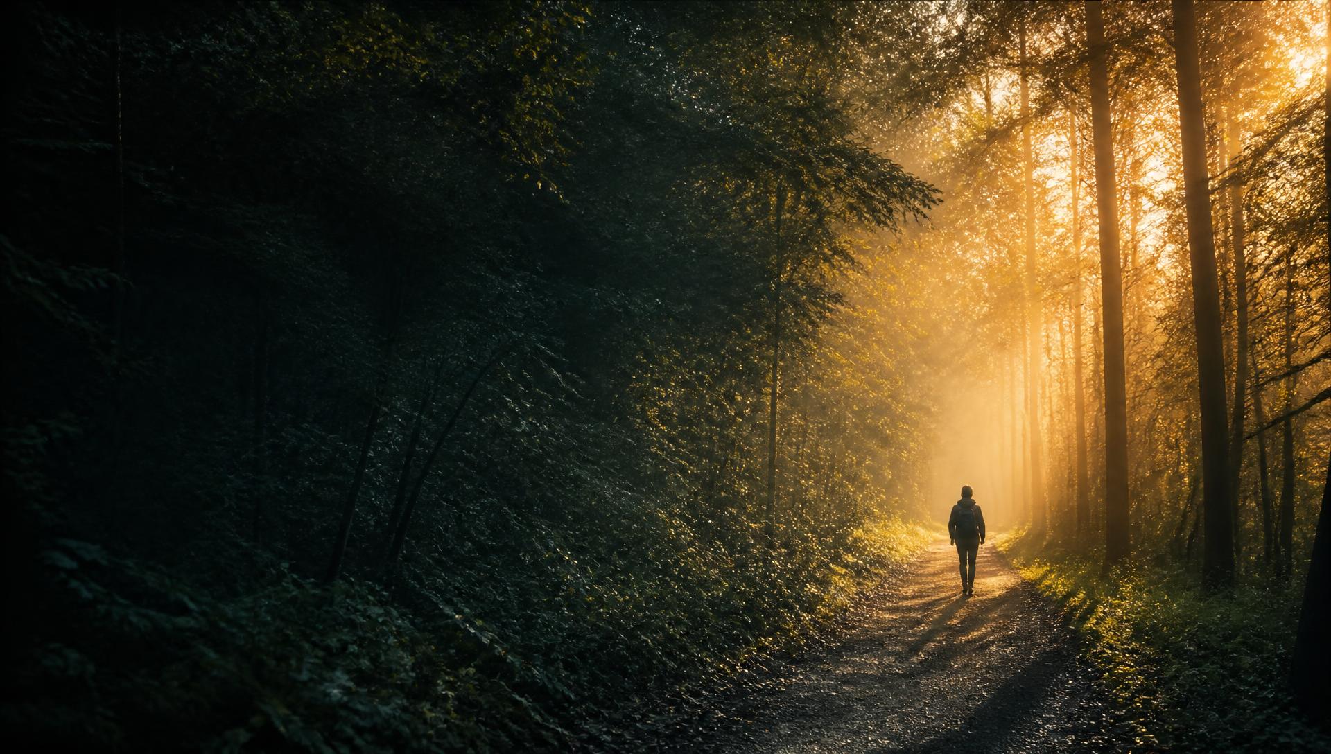 A person walking a quiet forest path lit by golden morning sunbeams